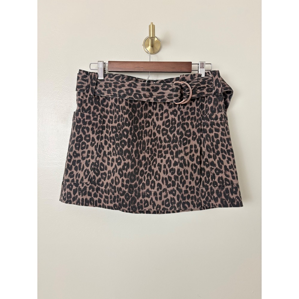 Rails Denim Mini Skirt Womens Size M Brown Leopard Animal Print Belted Wrap